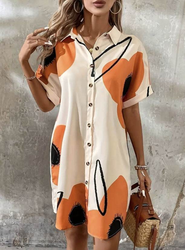 Plus Size Women's Printed Pleated Loose Shirt Dress - Mubimart