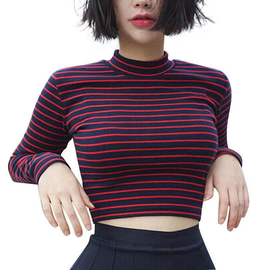 Crop Tops Women Chic All-match Classic Stripe Slim Short Bustier Crop Top Turtleneck Long Sleeved T-shirt Sexy Shirts Tee - Mubimart