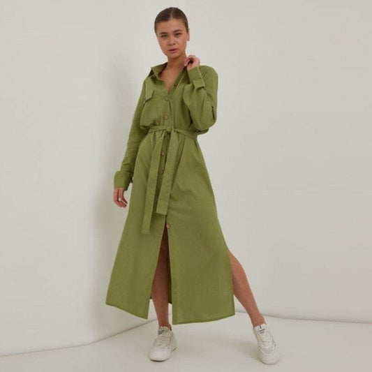 Women's Plus Size Loose Green Casual Waist Tight Dress - Mubimart