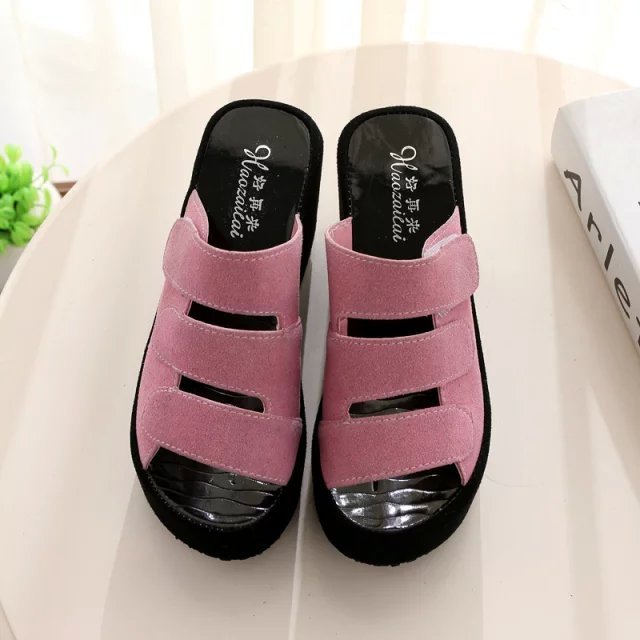 The Korean version of the new spring and summer female slippers Velcro soled sandals with frosted high-heeled platform slope slipper - Mubimart -  