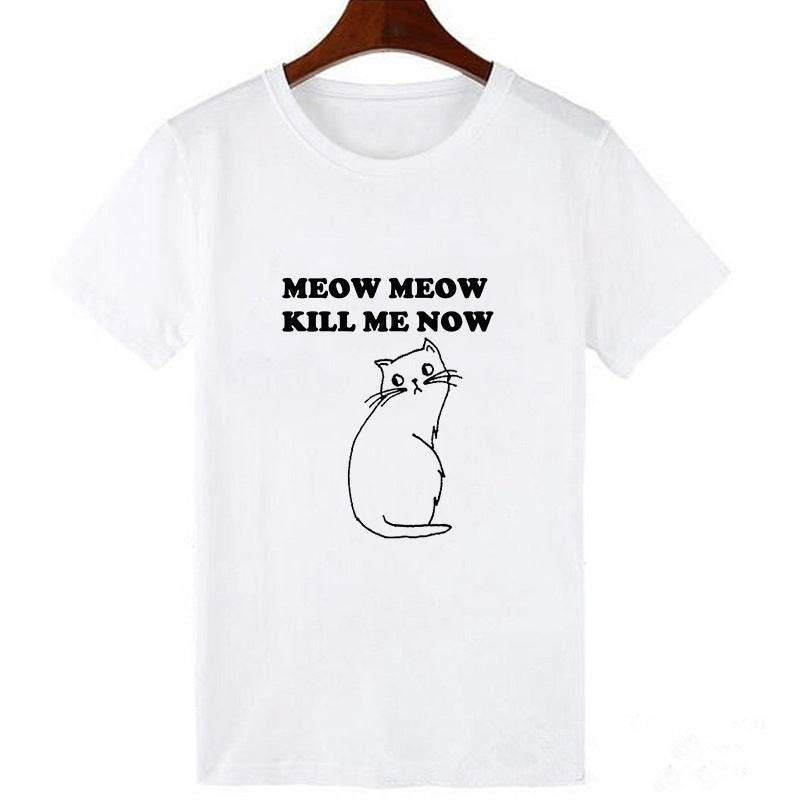 Horro Skull and Cat Femal Tshirt Top Tees kawai T-shirt - Mubimart