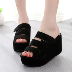 The Korean version of the new spring and summer female slippers Velcro soled sandals with frosted high-heeled platform slope slipper - Mubimart -  