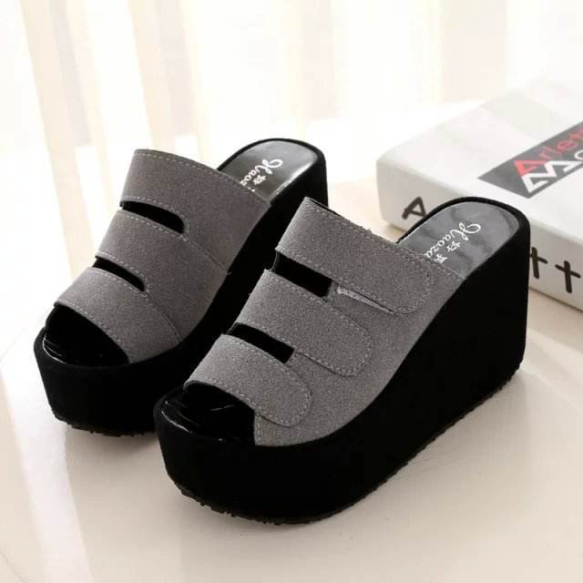 The Korean version of the new spring and summer female slippers Velcro soled sandals with frosted high-heeled platform slope slipper - Mubimart