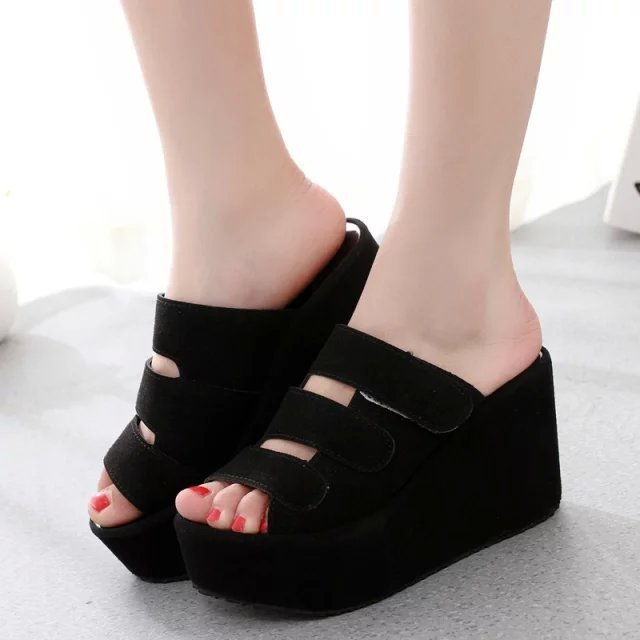 The Korean version of the new spring and summer female slippers Velcro soled sandals with frosted high-heeled platform slope slipper - Mubimart -  