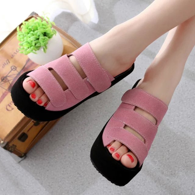 The Korean version of the new spring and summer female slippers Velcro soled sandals with frosted high-heeled platform slope slipper - Mubimart -  