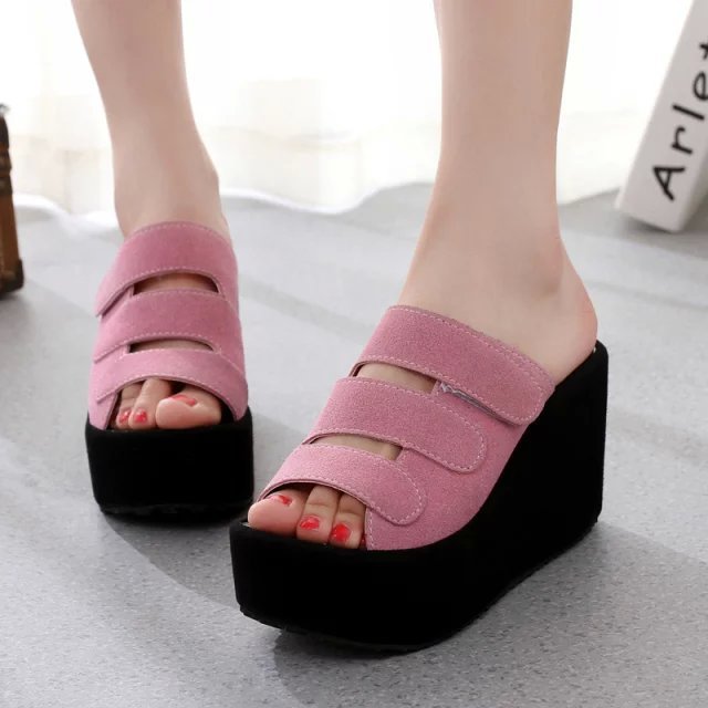 The Korean version of the new spring and summer female slippers Velcro soled sandals with frosted high-heeled platform slope slipper - Mubimart -  