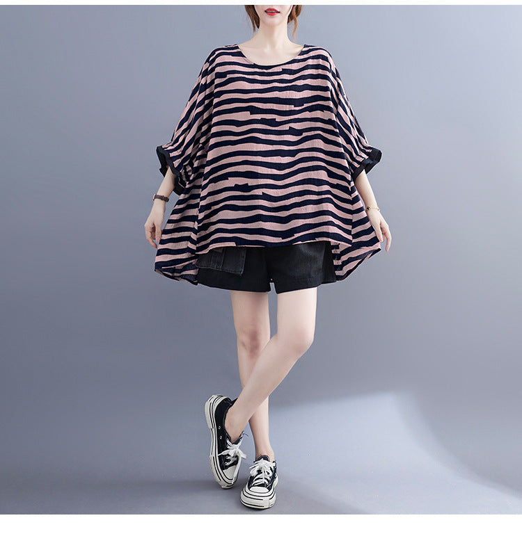 Summer Women's Loose Plus Size Striped Batwing Sleeve T-shirt - Mubimart -  