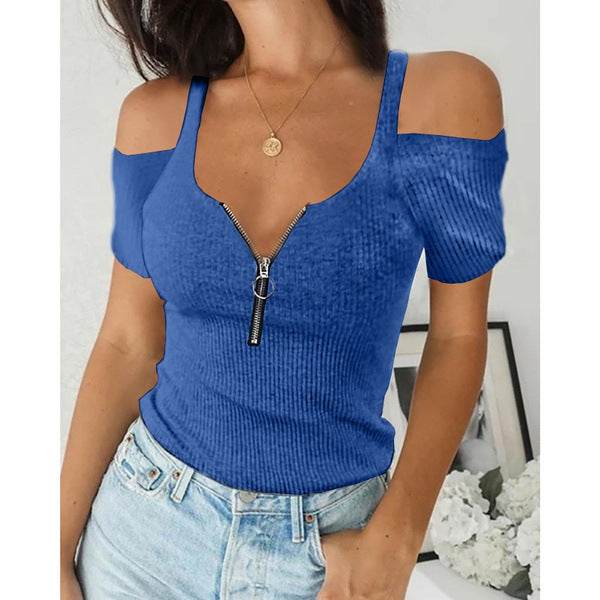 Plus Size Short Sleeve Zipper Short T-Shirt - Mubimart