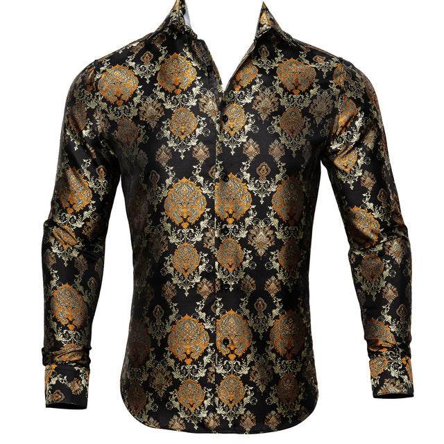 Barry.Wang Teal Paisley Floral Silk Shirts Men Autumn Long Sleeve Casual Flower Shirts For Men Designer Fit Dress Shirt BCY-05 - Mubimart