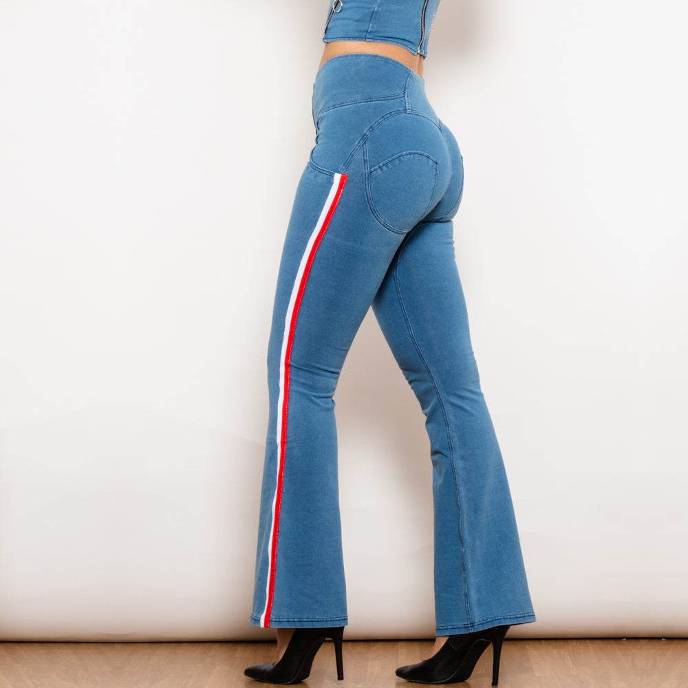 Shascullfites Melody Light Blue Striped Flared Lift Jeggings Button Up Butt Lift High Waist Flare Jeans Women Shaping Jeans - Mubimart