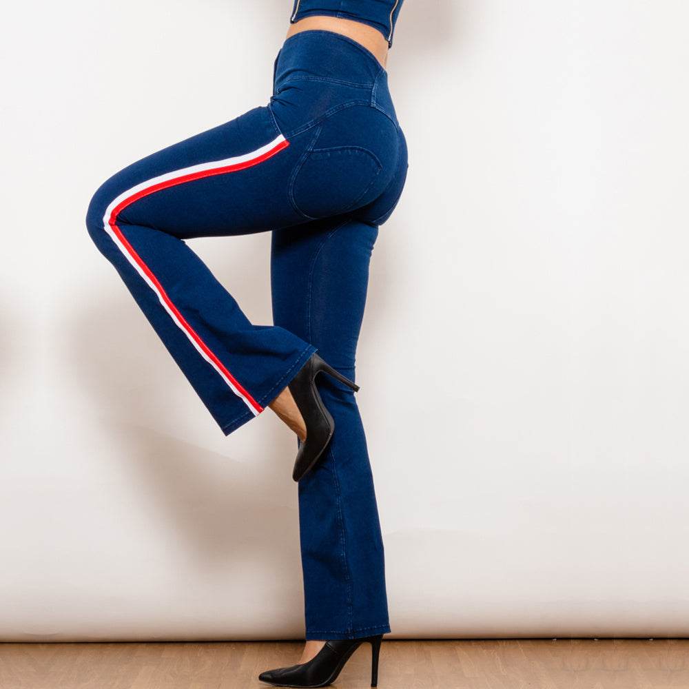 Shascullfites Melody Dark Blue Striped Flared Lift Jeggings Button Up Jeans Bum Lift Jeans High Waist Flare Jeans Women - Mubimart