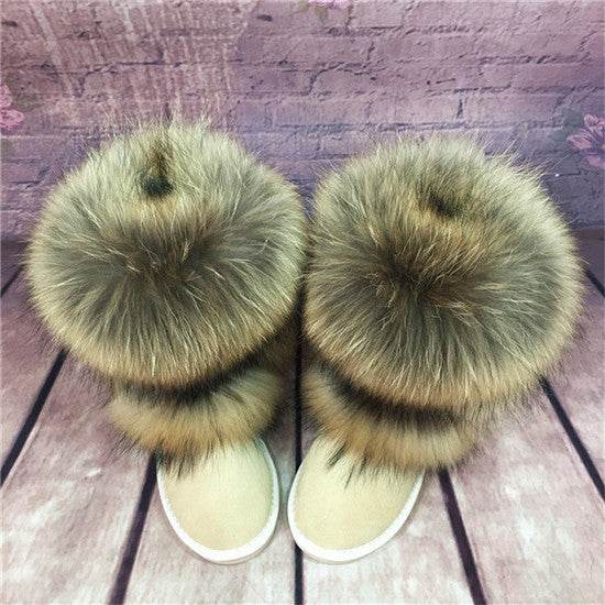 Women's Winter Mid-calf Fox Fur Snow Boots - Mubimart