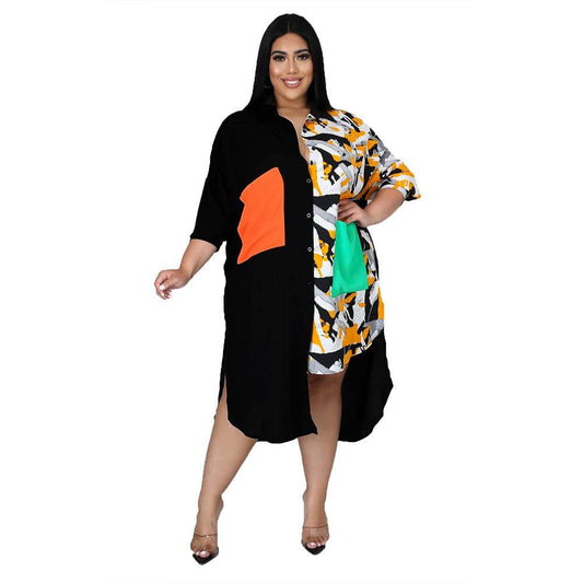 Women Plus Size Dress Patchwork Turn-down Collar Single Breasted - Mubimart