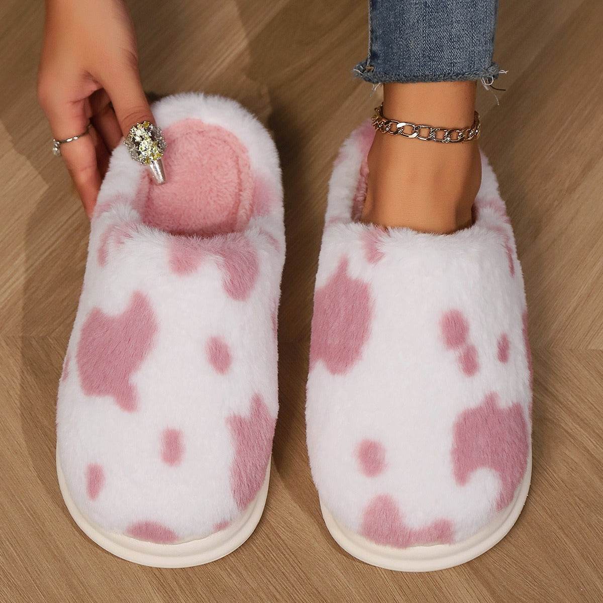 Cute Cow Spotted Plush Slippers Winter Warm Non-slip Bedroom Floor Fuzzy Slipper Couple Women House Shoes - Mubimart