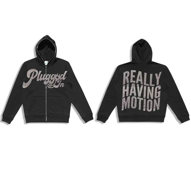 Fashion Men's Hoodies Letters Rhinestone Loose Cardigan Zipper Sweater - Mubimart
