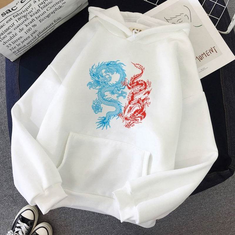 Hoodies Harajuku Vintage Dragon Pattern Printed Male Street Hoodies - Mubimart