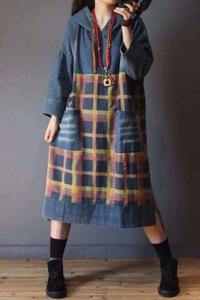 Spring And Autumn New Retro Hooded Plaid Blocks Mid-length Denim Dress For Women Versatile Casual Loose Plus Size - Mubimart
