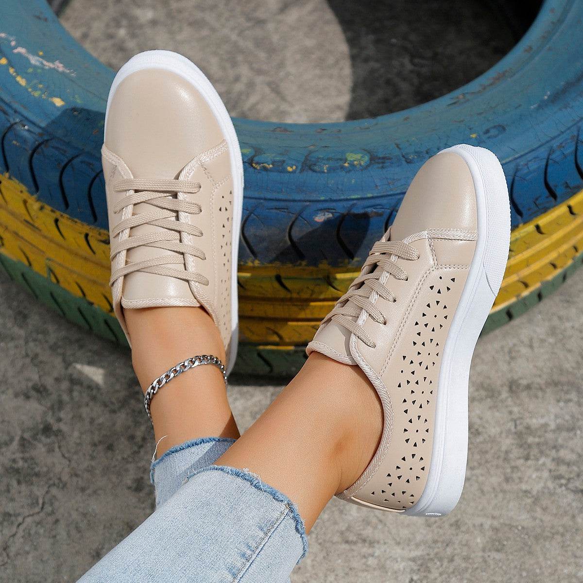 Cutout Flat Shoes Lace-up Hollow Out Walking Shoes For Women Loafers - Mubimart