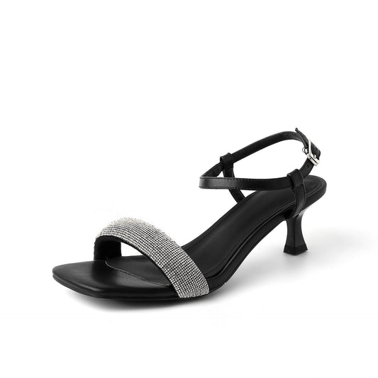 Women's New Summer Fairy Style Mid Heel Square Toe Open Toe Classy Stilettos Rhinestone Strap Women's Sandals - Mubimart