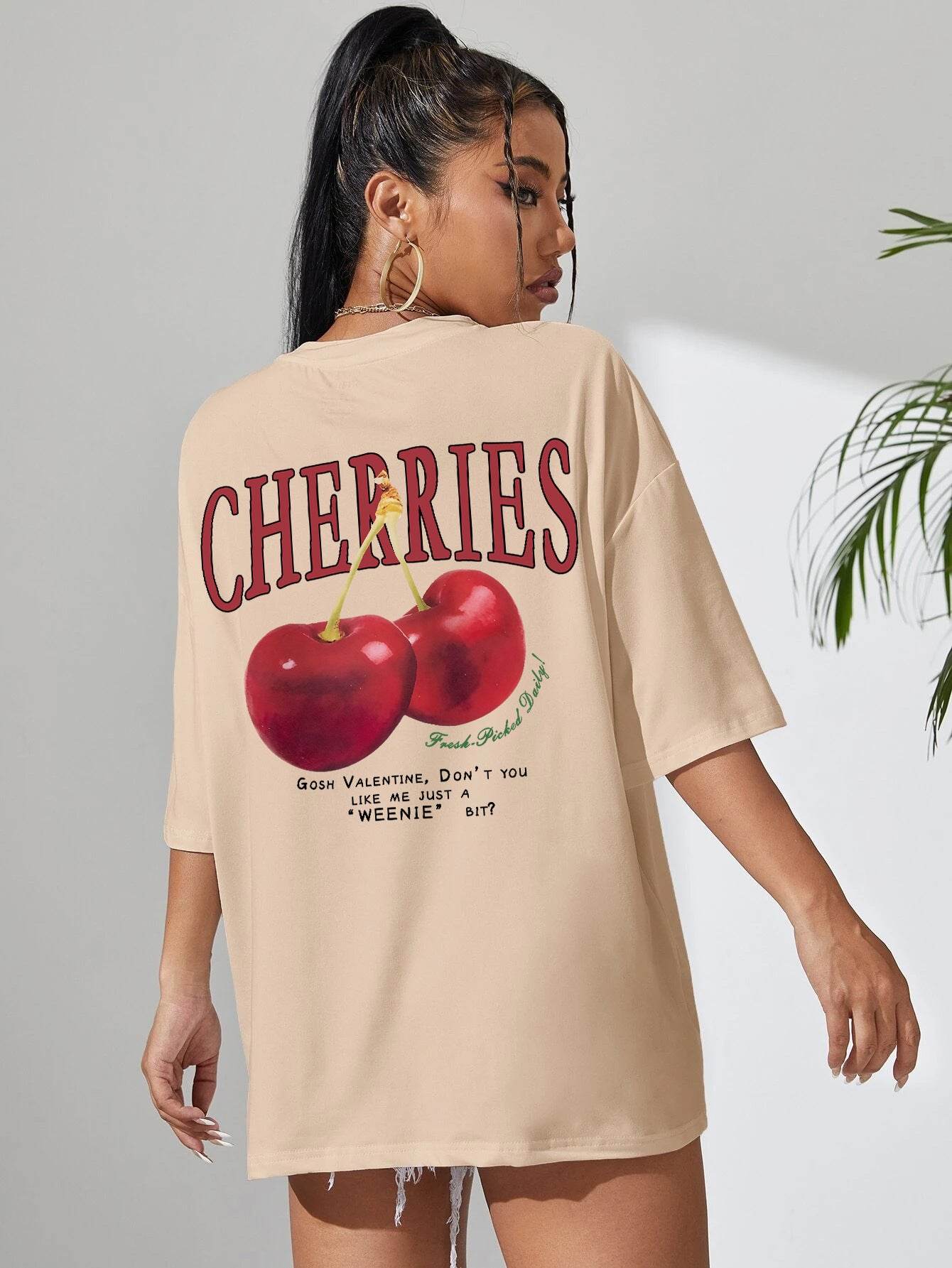 Cotton Women T-shirt Red Cherries Printed Tees Summer - Mubimart