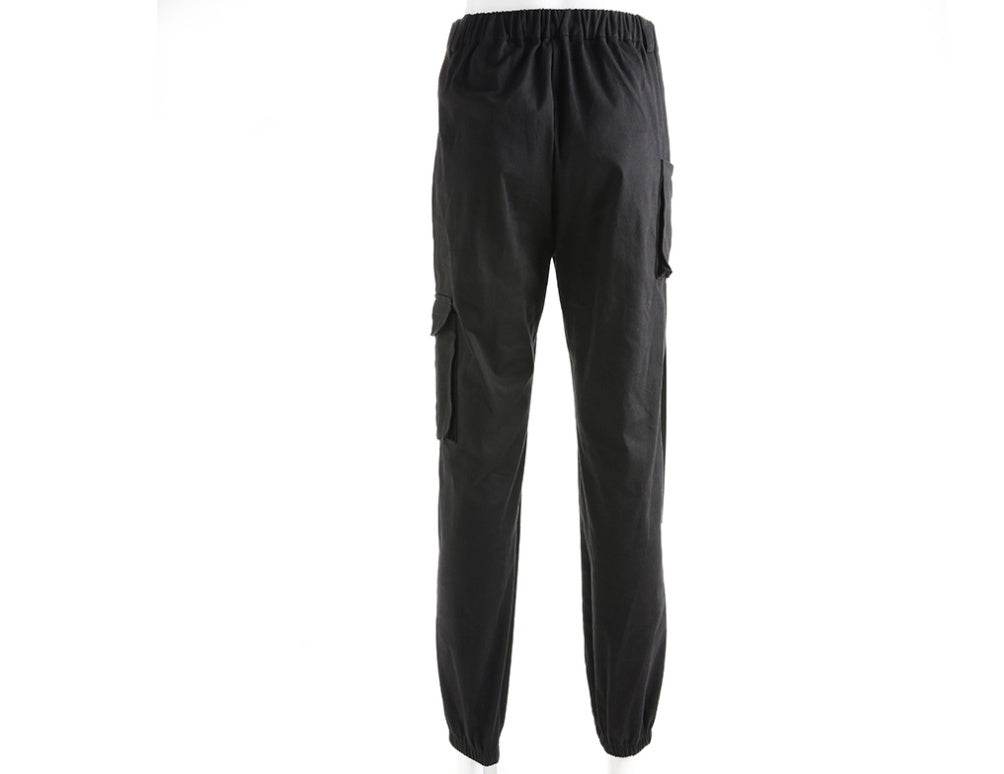Women Black High Waist Pencil Pants Pockets Patckwork Hollow Out Pants Fashion Women Streetwear Cargo Pants Women Pants - Mubimart
