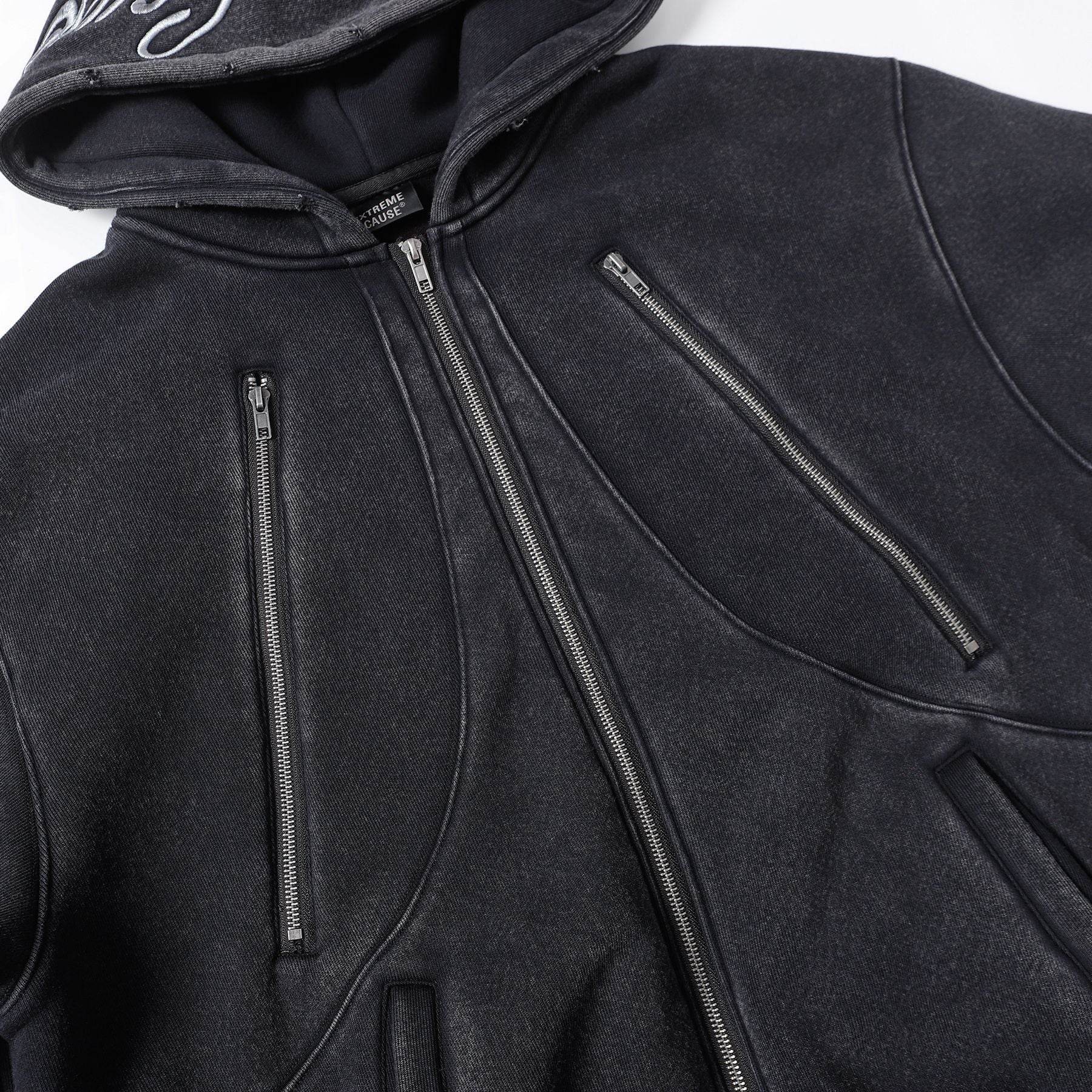 New Hoodie Fleece-lined Washed Zipper Sweater - Mubimart