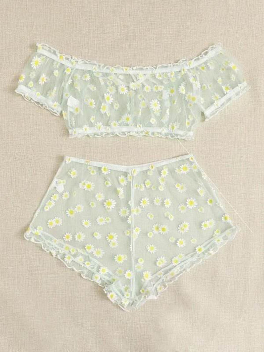 Women's Mesh Printed Lingerie Set - Mubimart