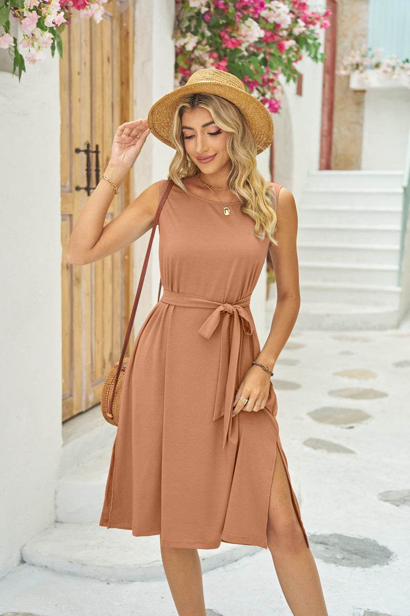 Summer Sleeveless Dress With Pockets Waist Lace-up Slits Dresses Fashion Womens Clothing - Mubimart