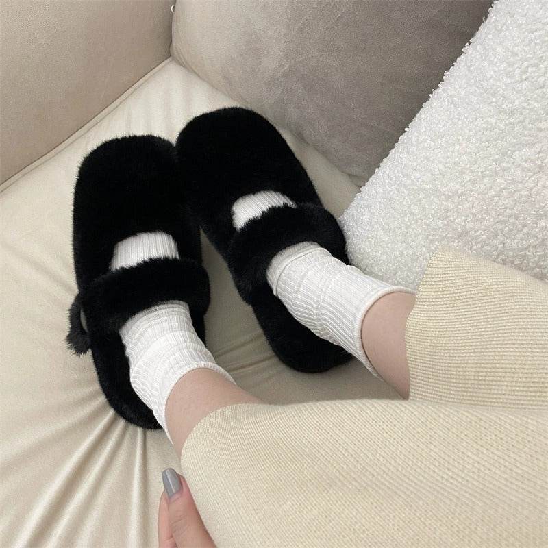 Mary Jane Fluffy Shoes Women's Winter Outerwear Flats - Mubimart