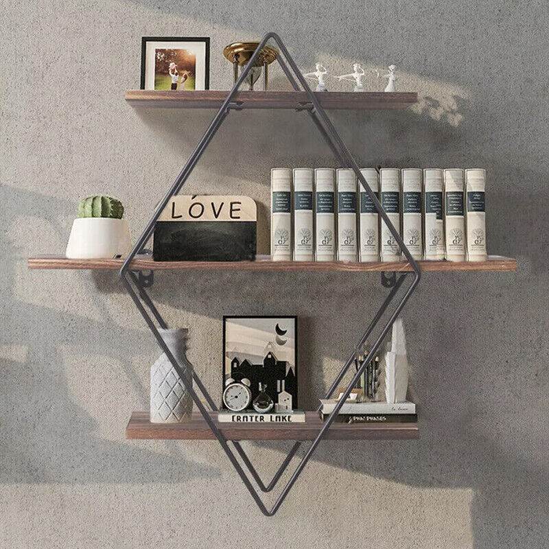 3 Tiered Floating Wall Mounted Display Shelf Wooden Shelves Black Frame Shelving - Mubimart