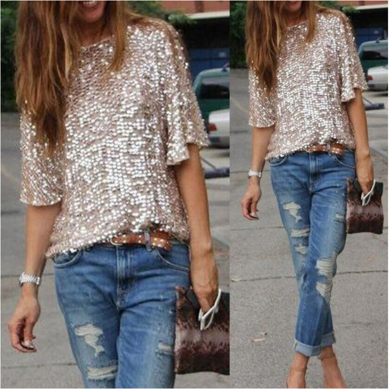 New Fashion Women Sexy Loose Off Shoulder Sequin Glitter Blouses Summer Casual Shirts Vintage Streetwear Party Tops - Mubimart -  