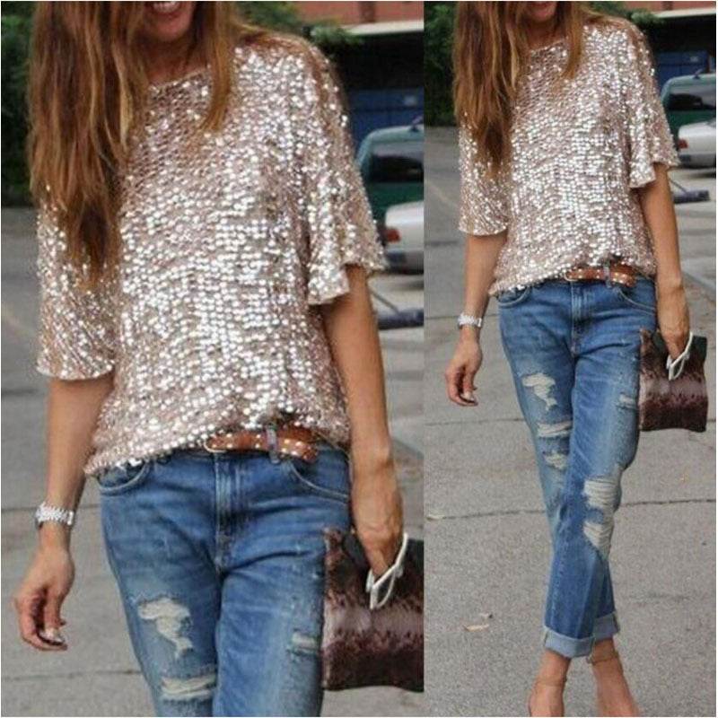New Fashion Women Sexy Loose Off Shoulder Sequin Glitter Blouses Summer Casual Shirts Vintage Streetwear Party Tops - Mubimart