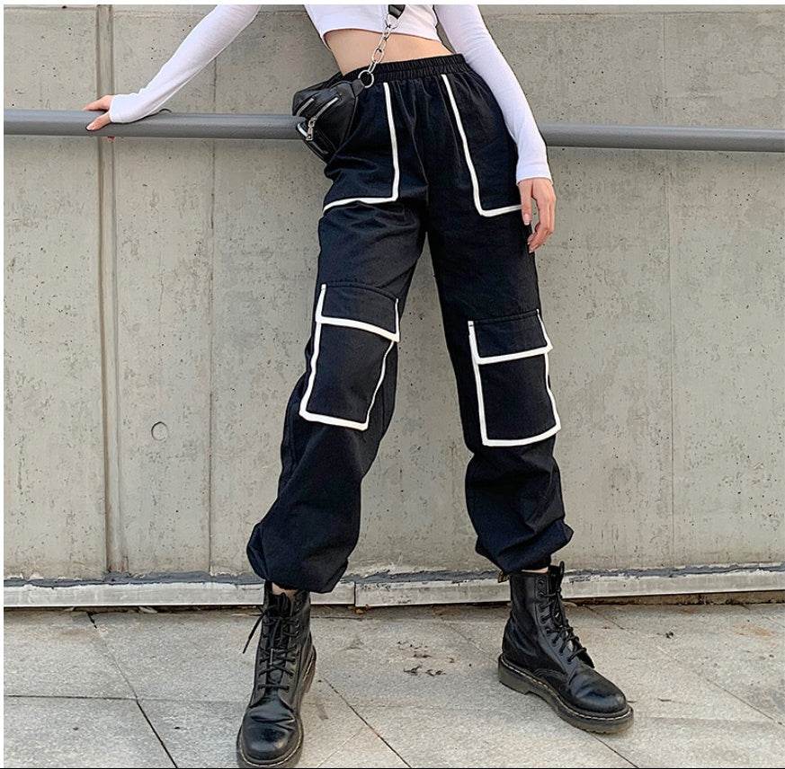 White Stripe Cargo Pants Women Trousers Pockets Patchwork Contrast Color High Waist Pants Hip Hop Capris - Mubimart