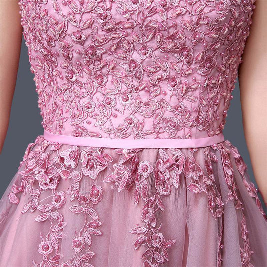 new mid-length pink evening dress banquet double shoulder graduation dress - Mubimart