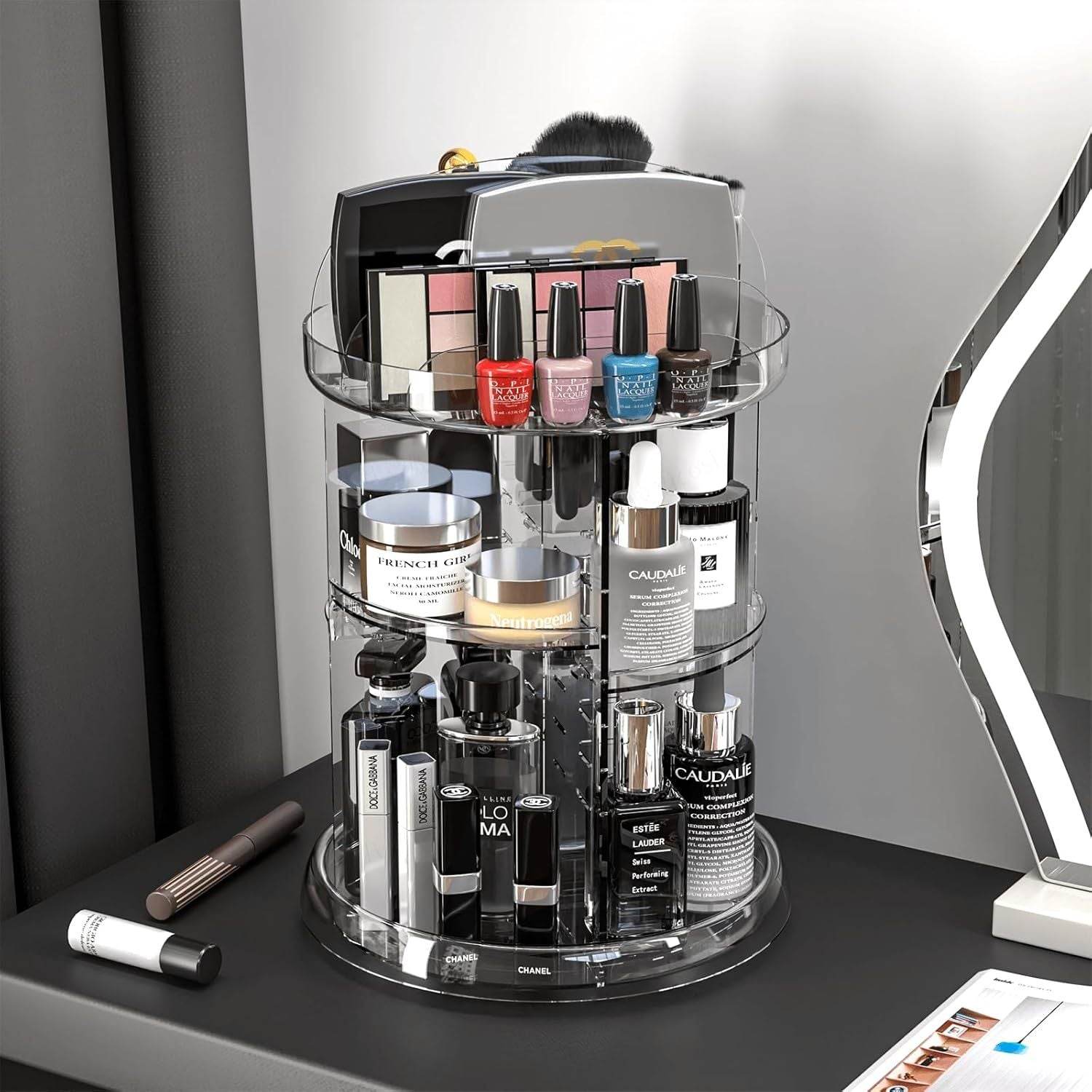 360 Rotating Makeup Organizer For Vanity Storage Adjustable Spinning Beauty And Skincare Organizer,Clear Acrylic Carousel Cosmetic Display Cases,Bathroom Counter Lazy Susan Skin Care Holder - Mubimart