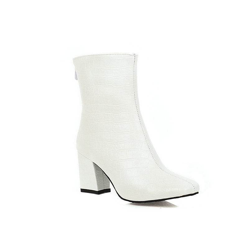 Stone Pattern Stretch Boots Square Toe Boots - Mubimart