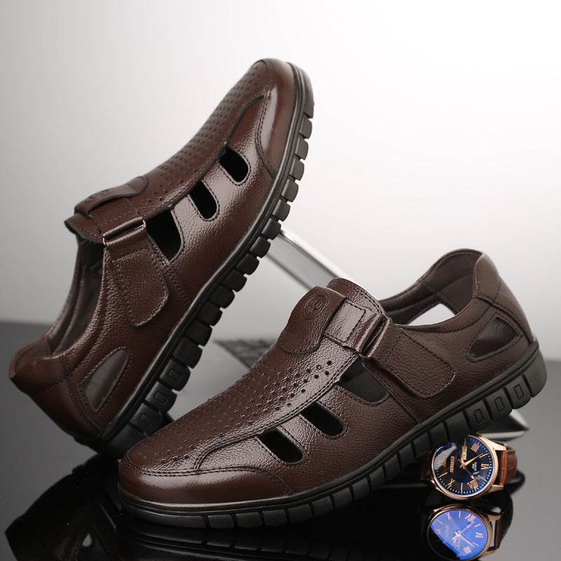 Men's leather hollow breathable sandals - Mubimart