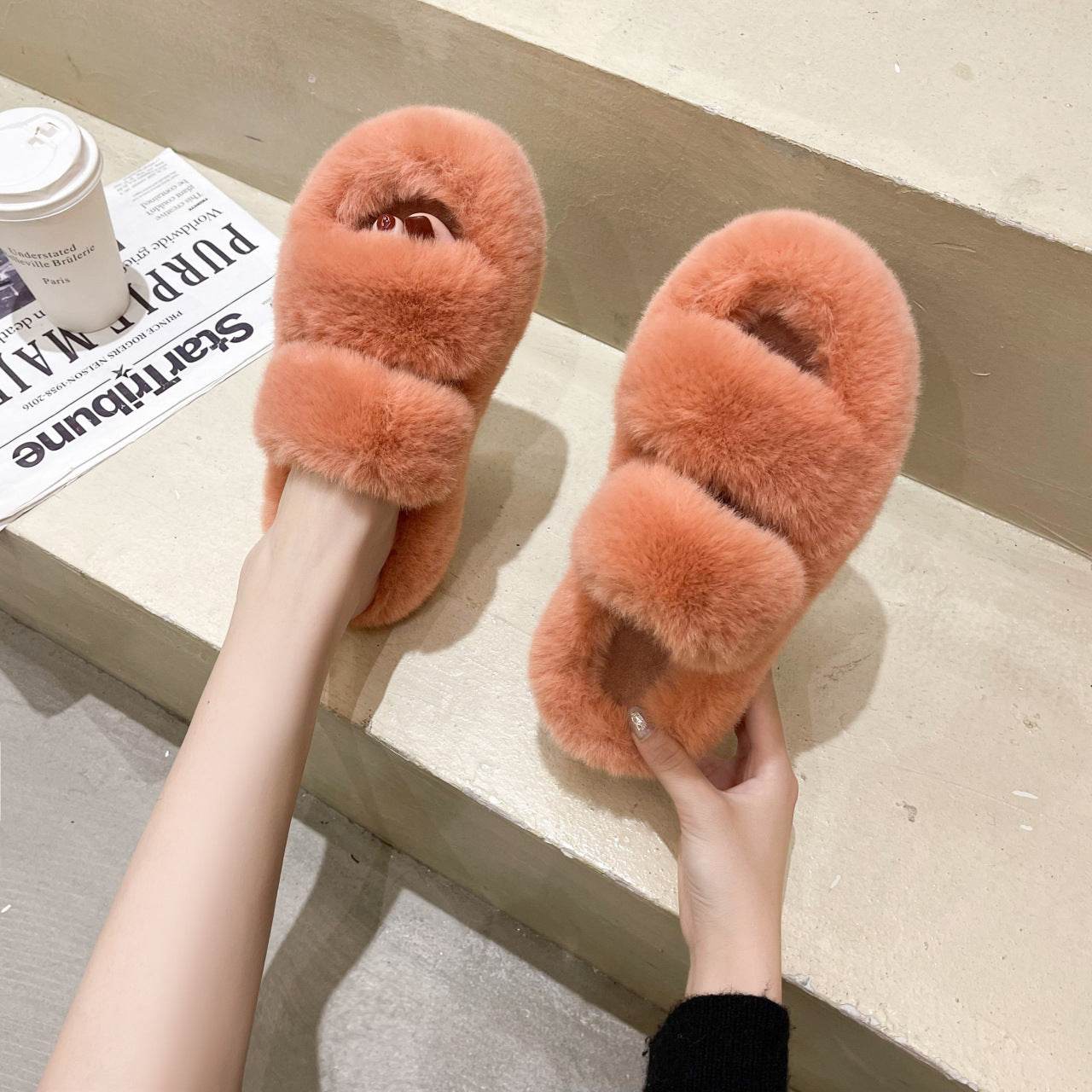 Fuzzy Slippers Women House Shoes Fluffy Bedroom Slippers - Mubimart