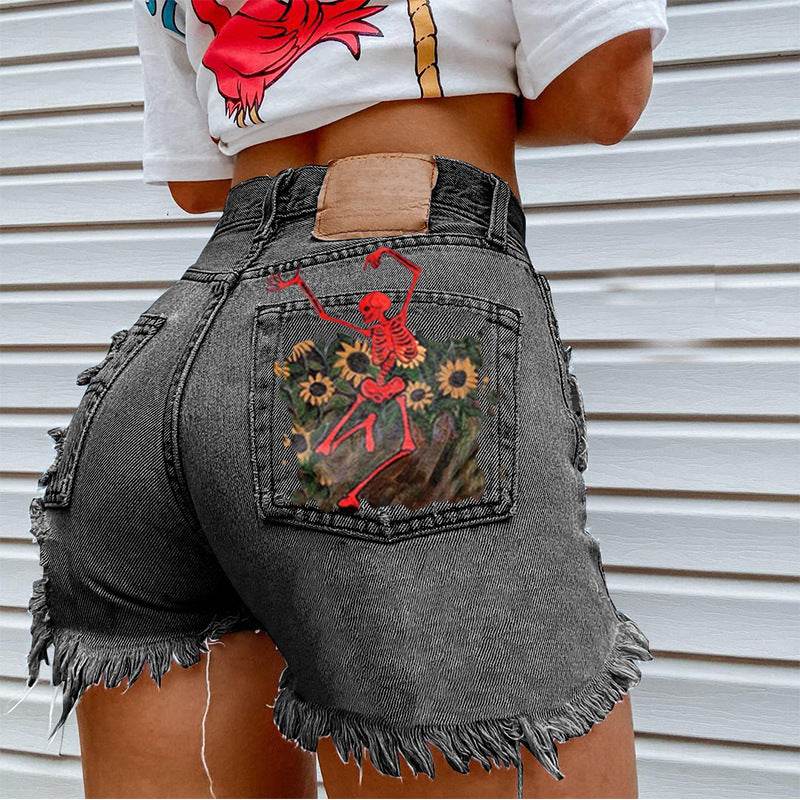 Women Printed Spring Summer Denim Shorts - Mubimart