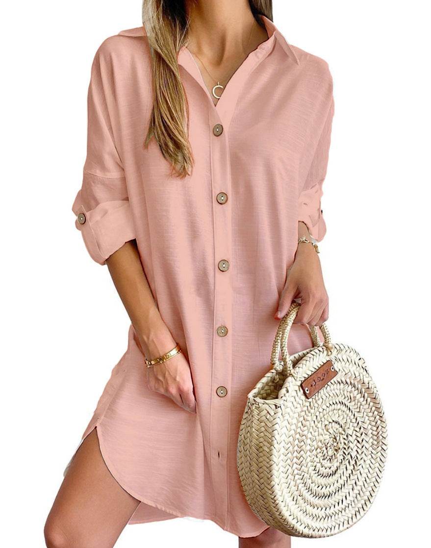 Autumn Leisure Long Sleeve Lapel Button Shirt Dress Womens Clothing - Mubimart