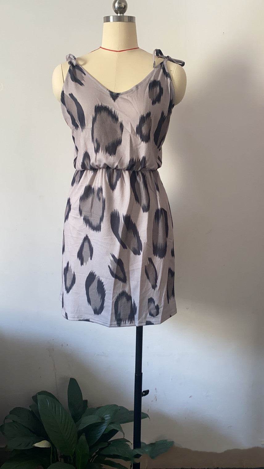Printed Leopard V-Neck Slip Dress - Mubimart