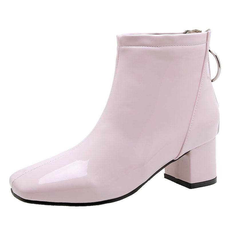 Mid heel lacquered square toe boots - Mubimart