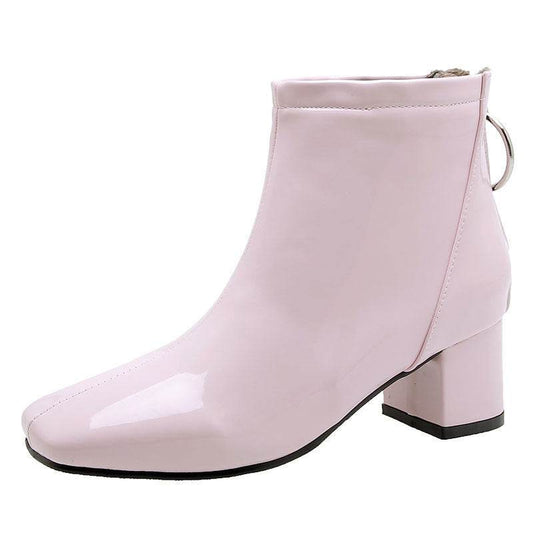 Mid heel lacquered square toe boots - Mubimart