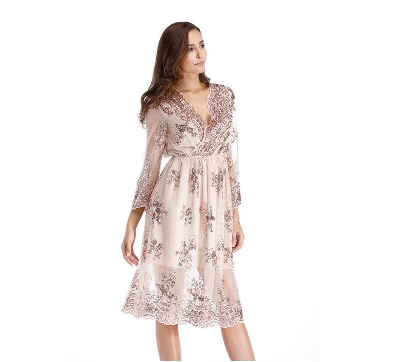 Simplee V long neck party dresses women sexy mesh streetwear Christmas MIDI dress female autumn dress - Mubimart