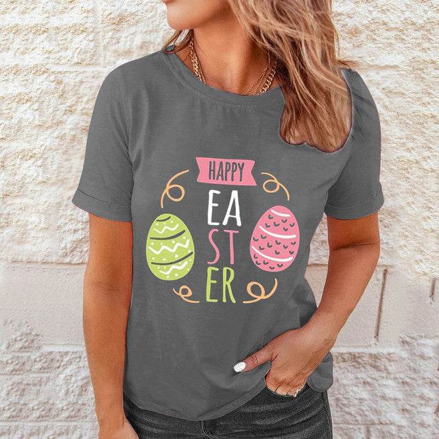 Shirts Women Easter Printed Casual Blouses Short Sleeve Tees - Mubimart