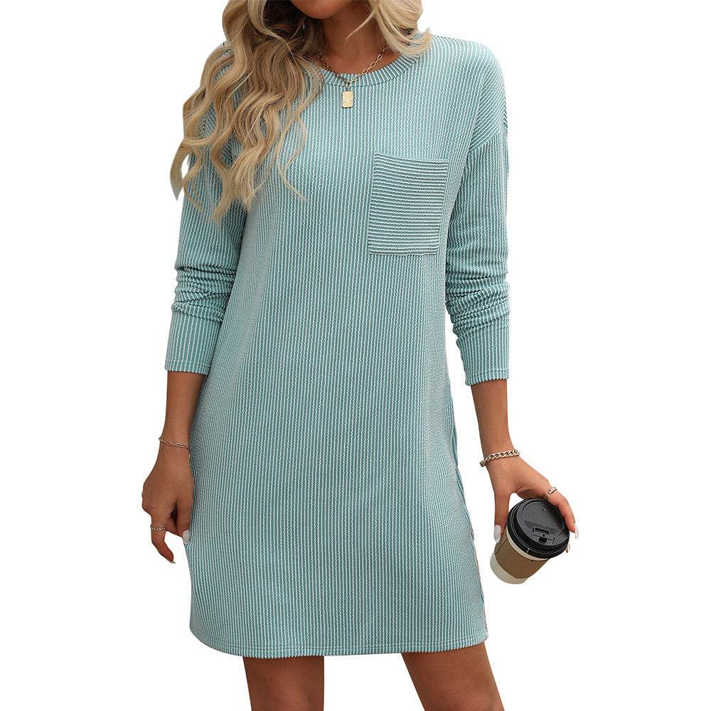 New Solid Color Striped With Pockets Long Sleeve Dress Fashion Round Neck Straight Dress Women's Clothing - Mubimart
