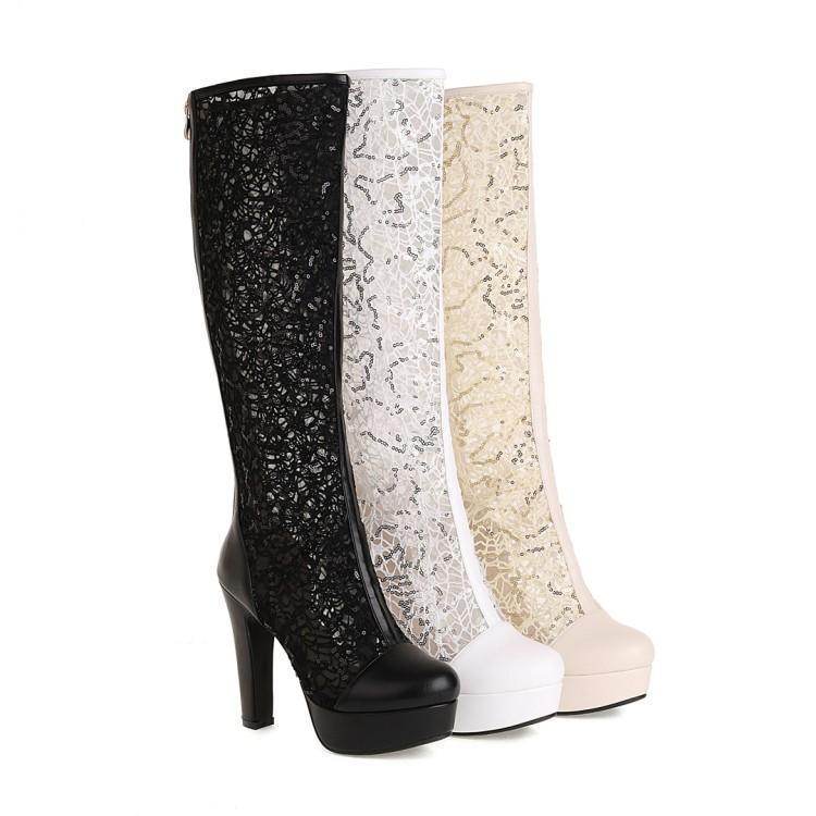 Summer Lace Thick High Heel Platform Women's High-top Mesh Sandal Boots - Mubimart