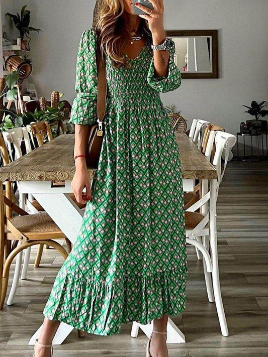 Women's Printed Short-sleeved Corset Long Plus Size Dress - Mubimart