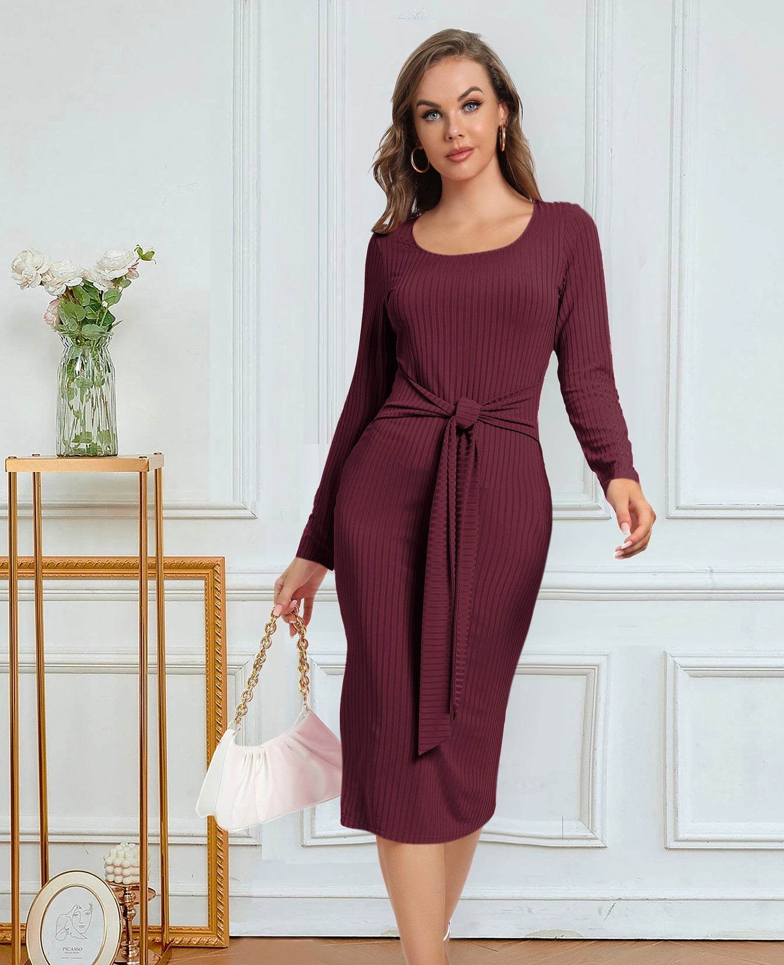 Women's Long Sleeve Tie Split Pit Stripe Midi Dresses - Mubimart