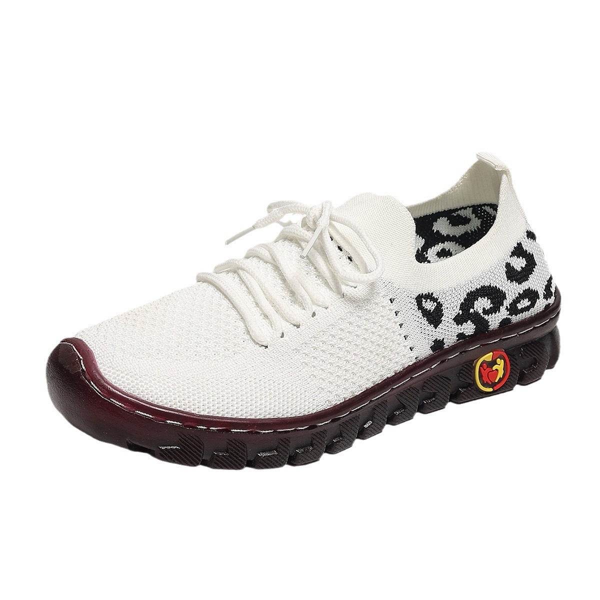 Leopard Print Round Head Lace-up Flat Bottom Comfort Breathable Mesh Surface Shoes - Mubimart